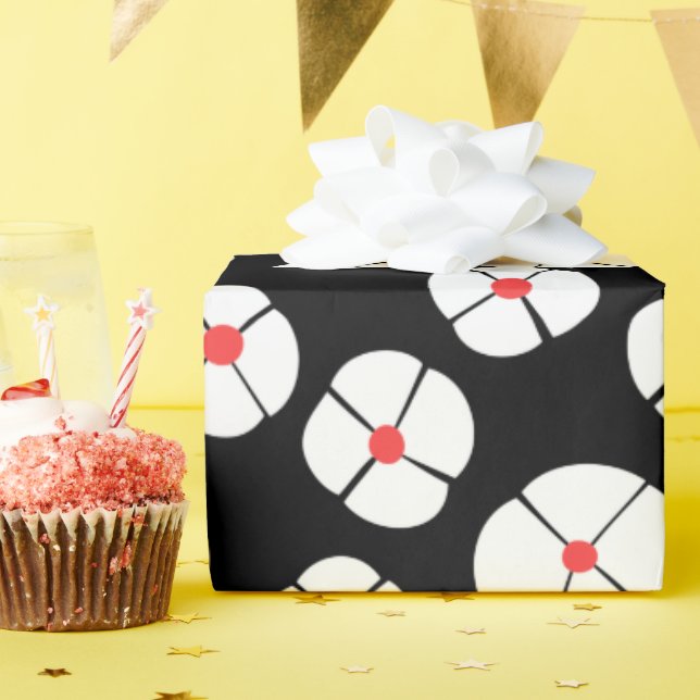 Papier Cadeau Fleurs blanches sur noir (Fête d'anniversaire)