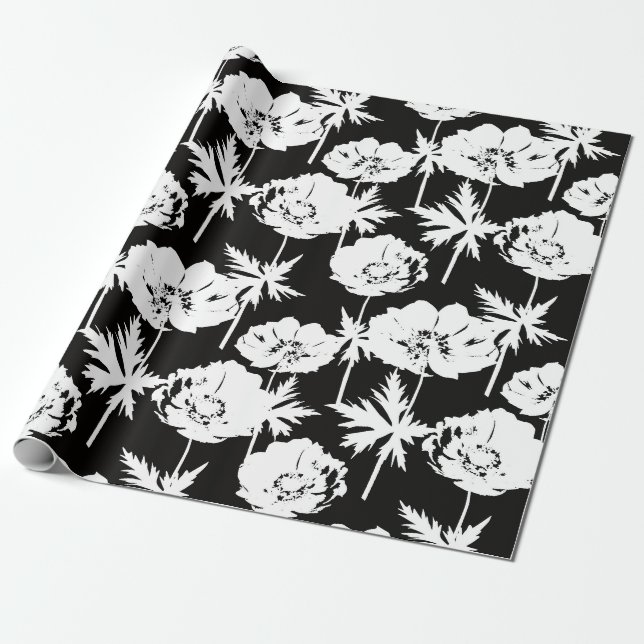 Papier Cadeau Fleurs blanches sur noir. (Déroulé)