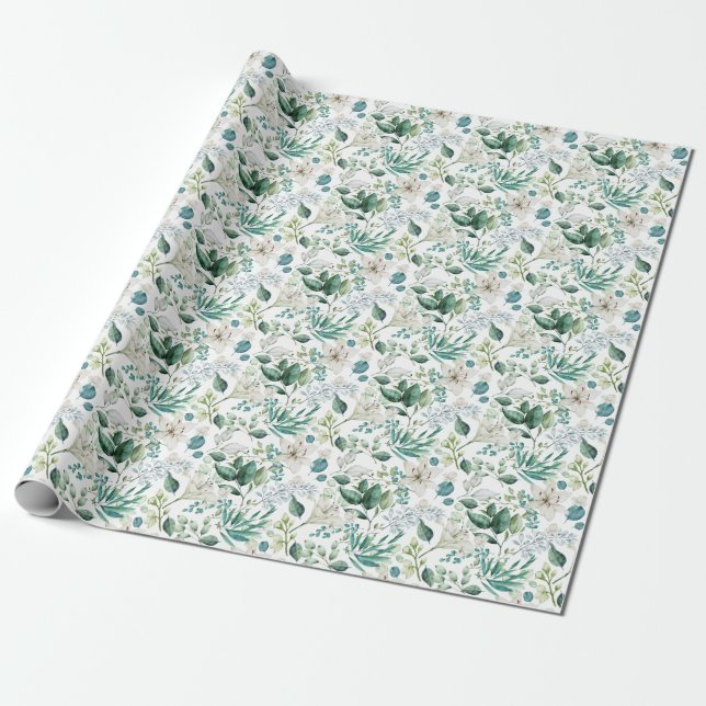 Papier Cadeau Fleurs Blanches Verdure Mariage Fête de Mariée (Déroulé)
