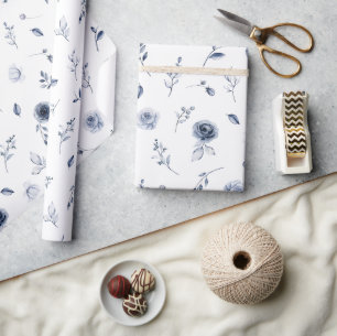 Papier Cadeau Fleurs Bleu Marine