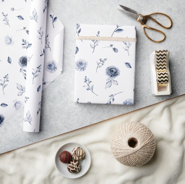 Papier Cadeau Fleurs Bleu Marine (Artisanat)