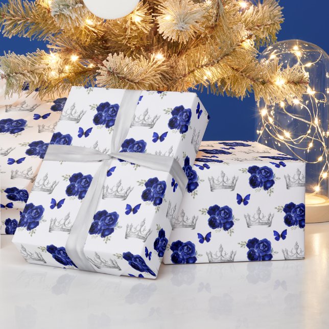 Papier Cadeau Fleurs Bleu Marine et Couronnes d'Argent (Vacances)