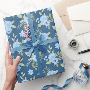 Papier Cadeau Fleurs Bleu Marine Verdure Rayures Bleues