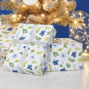 Papier Cadeau Fleurs Bleu Nuit et Bleu Bébé avec Motif de Feuill