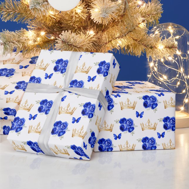 Papier Cadeau Fleurs Bleu Royal et Couronnes d'Or (Vacances)