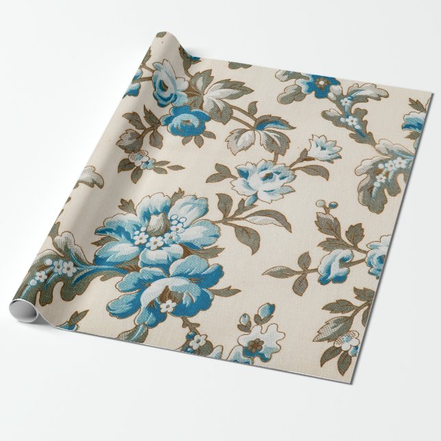 Papier Cadeau Fleurs Bleues Antiques Florales Beige Botanique (Déroulé)