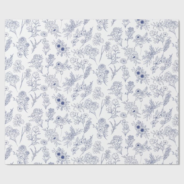 Papier Cadeau fleurs bleues de saison (Plat)