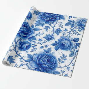 Papier Cadeau Fleurs bleues délavées Roses Pivoines Bleu de coba