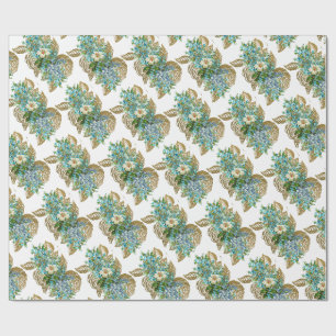 Papier Cadeau Fleurs Bleues et Dorées Vintage