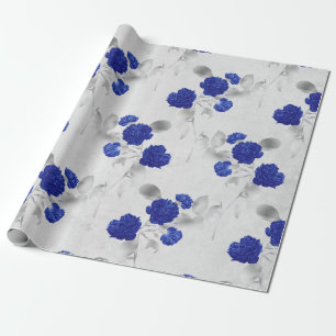 Papier Cadeau Fleurs bleues et Feuilles gris sur blanc