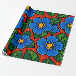 Papier Cadeau Fleurs bleues et feuilles vertes sur fond rouge