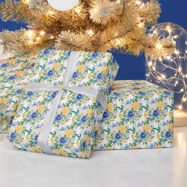 Papier Cadeau Fleurs bleues et jaunes  (Vacances)