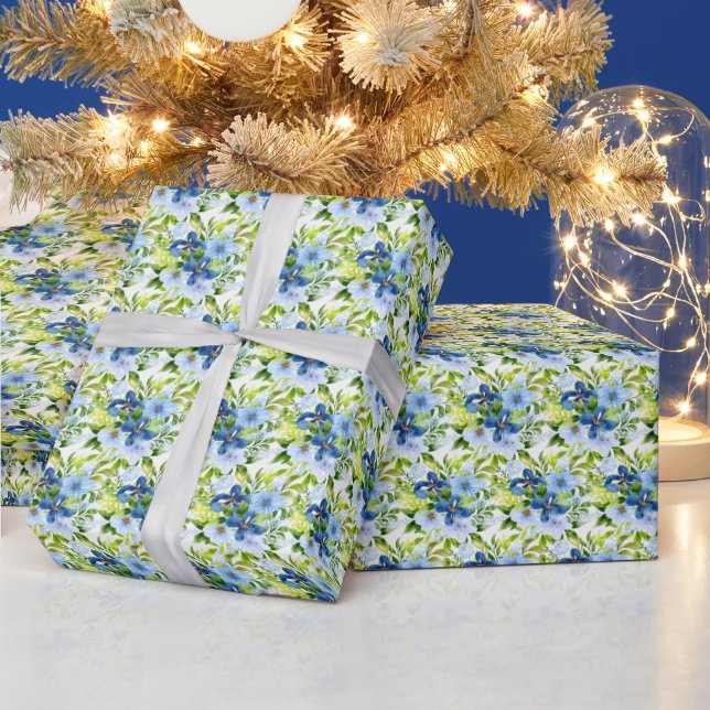 Papier Cadeau Fleurs bleues et navy avec feuillage  (Vacances)