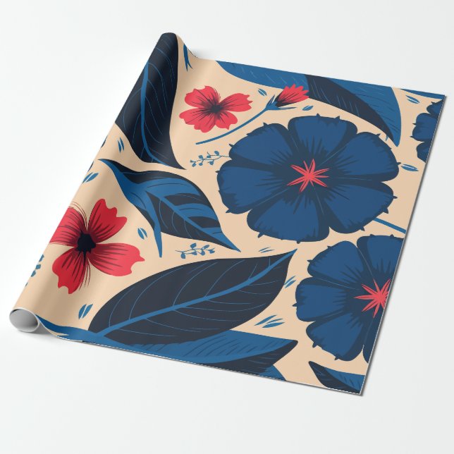 Papier Cadeau Fleurs bleues et rouges, avec Feuilles bleu foncé (Déroulé)
