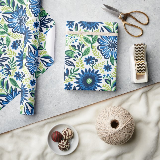 Papier Cadeau Fleurs Bleues Et Vertes  (Artisanat)