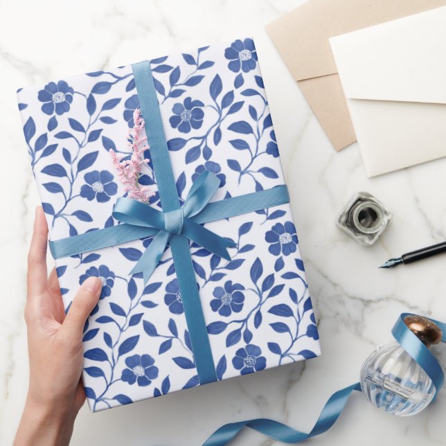 Papier Cadeau Fleurs Bleues Et Vignes (Cadeaux)