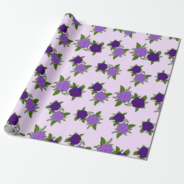 Papier Cadeau Fleurs bleues et violettes avec motif violet (Déroulé)