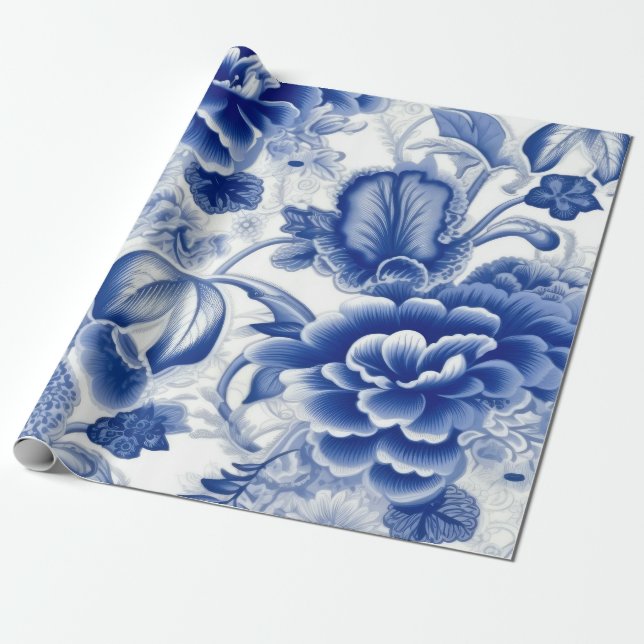 Papier Cadeau Fleurs bleues Indigo (Déroulé)