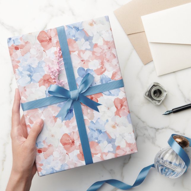 Papier Cadeau Fleurs Bleues Rouges Anniversaire (Cadeaux)