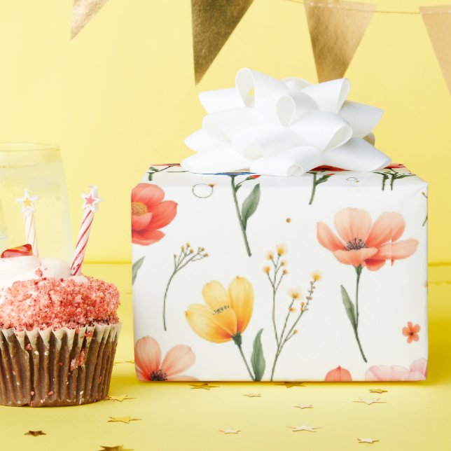 Papier Cadeau Fleurs bleues, rouges et roses (Fête d'anniversaire)
