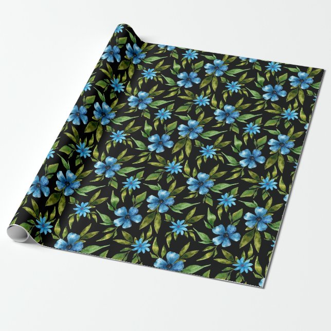Papier Cadeau Fleurs bleues sur fond noir (Déroulé)