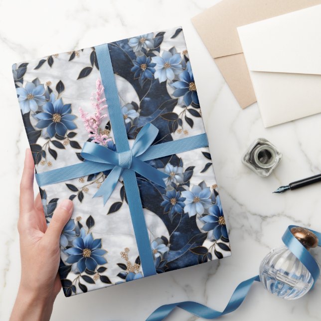 Papier Cadeau Fleurs bleues sur marbre  (Cadeaux)