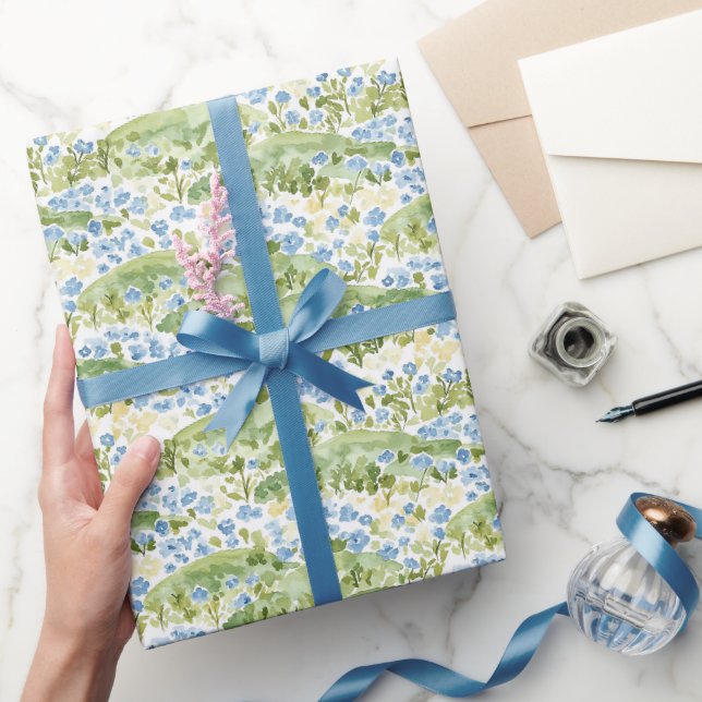 Papier Cadeau Fleurs Bleues Vertes Anniversaire (Cadeaux)