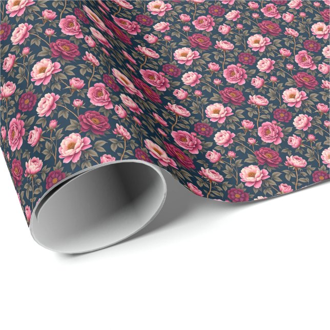 Papier Cadeau Fleurs bordeaux et roses (Coin rond)