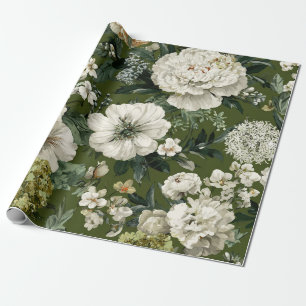 Papier Cadeau Fleurs botaniques blanches et vert rustique, audac