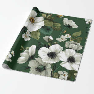 Papier Cadeau Fleurs botaniques blanches et vert rustique, audac