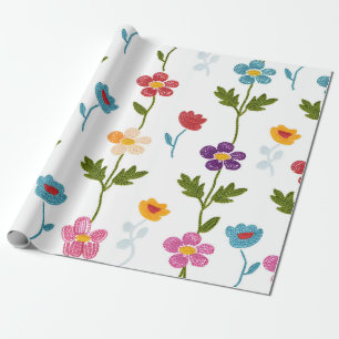 Papier Cadeau Fleurs botaniques colorées minimalistes fait main