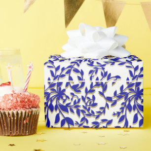 Papier Cadeau Fleurs Botaniques Marron Feuilles Bleu Profond