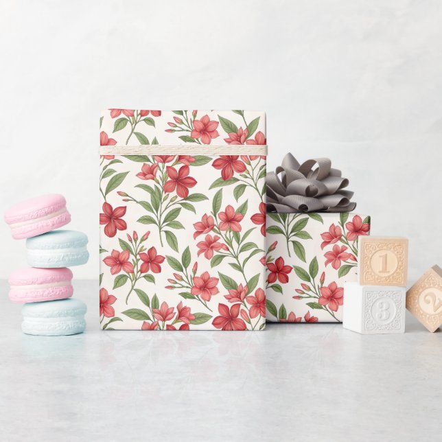 Papier Cadeau Fleurs Botaniques Rouge Élégantes (Baby Shower)