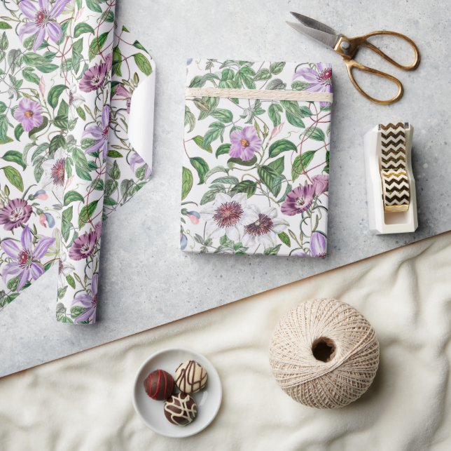 Papier Cadeau Fleurs botaniques vintage vert lilas blanc (Artisanat)