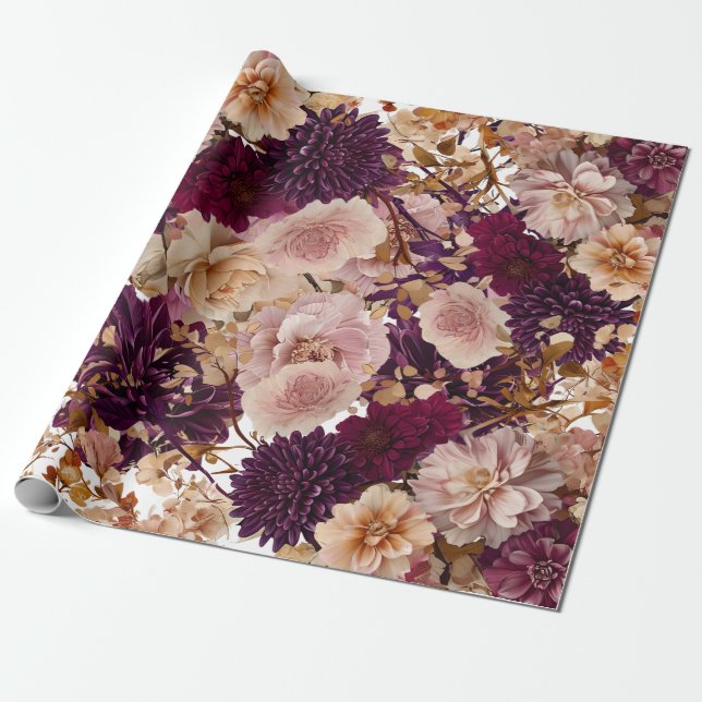 Papier Cadeau Fleurs champêtres rustiques bordeaux et rose pour  (Déroulé)