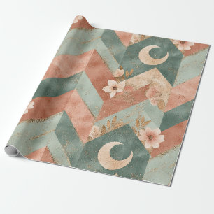 Papier Cadeau Fleurs Chevron Ton Terres Douces avec Lunes
