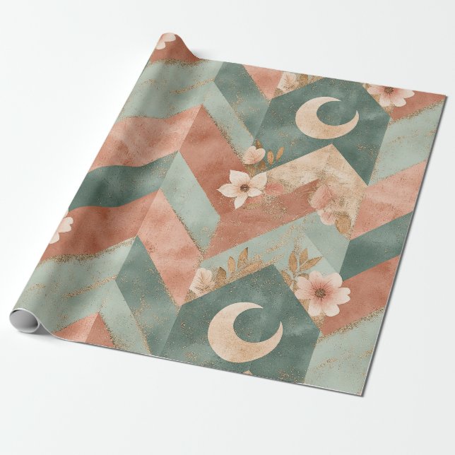 Papier Cadeau Fleurs Chevron Ton Terres Douces avec Lunes (Déroulé)