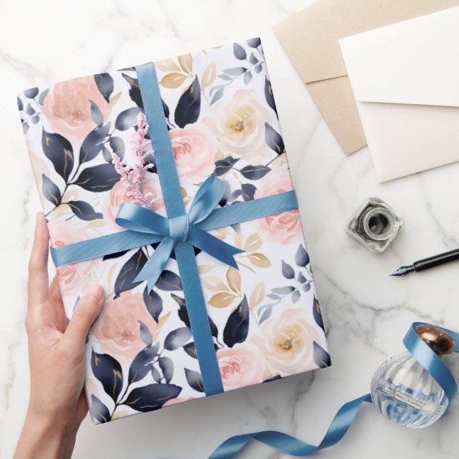 Papier Cadeau Fleurs Chic Rose Bleu Shower de Mariée (Cadeaux)