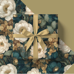 Papier Cadeau Fleurs classiques de Noël vertes et blanches