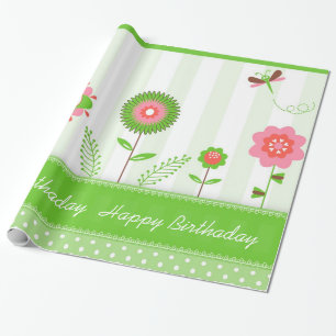 Papier Cadeau Fleurs Colorées Et Papillons - Joyeux Anniversaire