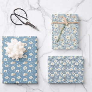 Papier Cadeau Fleurs Cottagecore Bleu Beige pour B