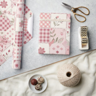 Papier Cadeau Fleurs Cottagecore Gingham Broderie Rose