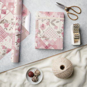 Papier Cadeau Fleurs Cottagecore Gingham Broderie Rose