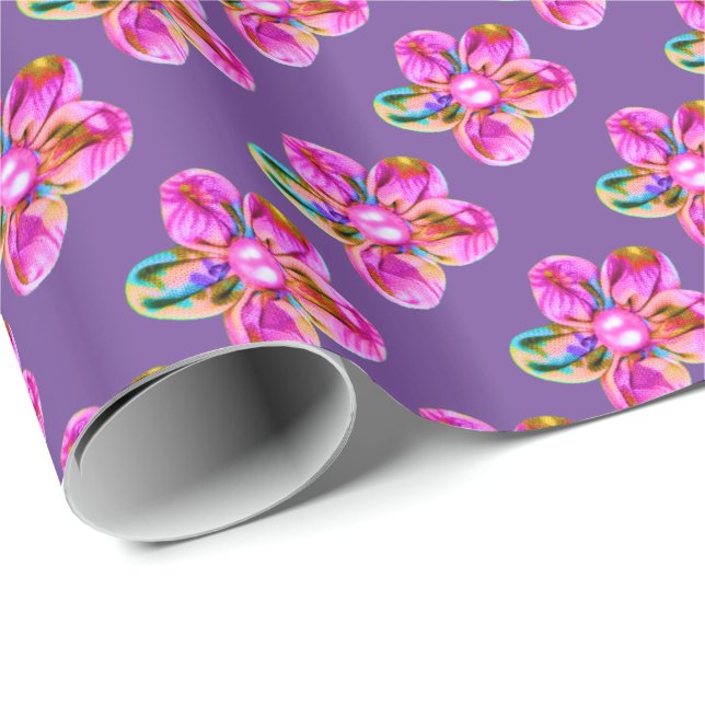 Papier Cadeau Fleurs cousues à main violette rose vif (Coin rond)
