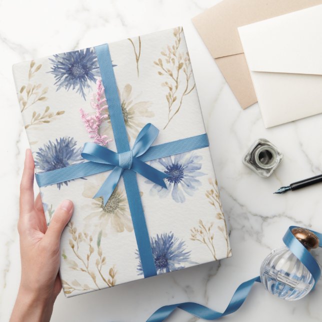 Papier Cadeau Fleurs Crème Bleu Shower de Mariée (Cadeaux)