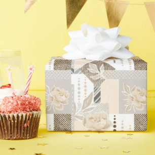 Papier Cadeau Fleurs crème sur fond blanc