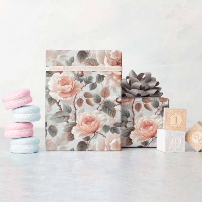 Papier Cadeau Fleurs crémeuses aux feuilles gris (Baby Shower)