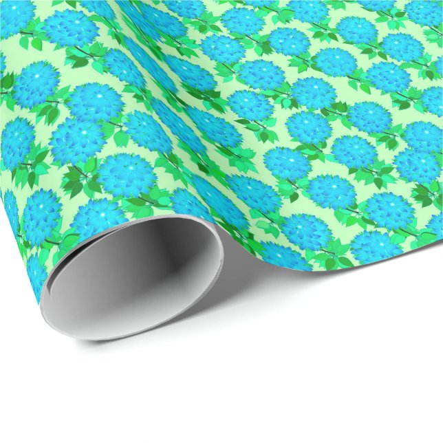 Papier Cadeau Fleurs Dahlia en bleu turquoise et vert (Coin rond)