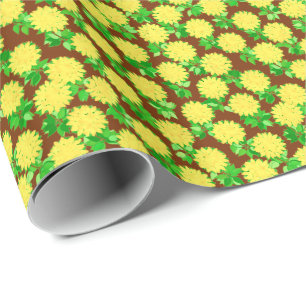 Papier Cadeau Fleurs dahlia en jaune et chocolat