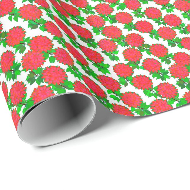 Papier Cadeau Fleurs dahlia en rouge profond (Coin rond)